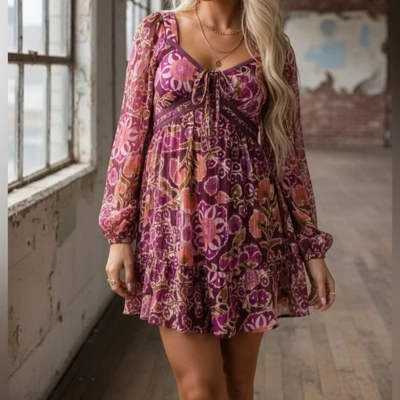 NWT Floral Print Boho Velvet Contrast Balloon Long Sleeve Mini Dress - Picture 10 of 12